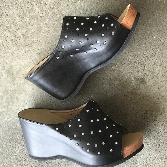 Italina Black Star Rhinestone Embellished Comfortable Chunky Platform Wedge Heel - Picture 2 of 9